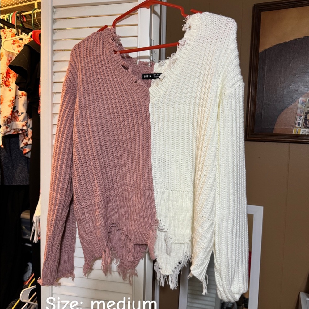 Distressed Two-Tone Sweater - Pink and Cream